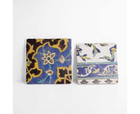 A Safavid cuerda seca glazed pottery tile, 17th/18th century, of square form and decorated in cobalt-blue, yellow, brown, gre