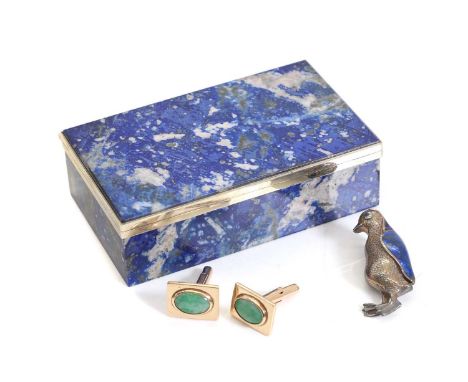 A pair of 14ct gold cufflinks, each set with a hardstone cabochon,12.42gtogether with a silver and lapis lazuli brooch,modell
