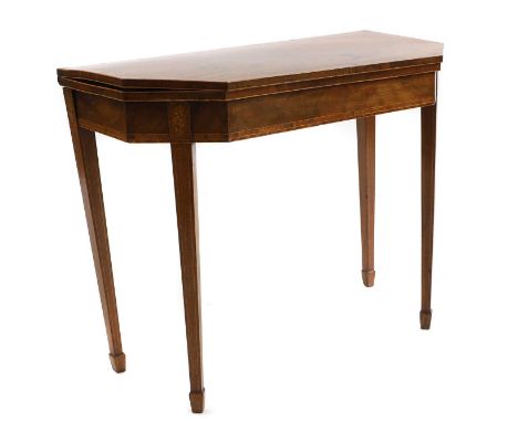 A George III mahogany, boxwood and harewood card table, third quarter 18th century, the recatangular crossbanded foldover top