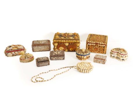 A collection of shellware boxes, including larger square examples, largest 22cm wide, 15cm deep, 13cm high, and a small circu