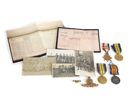 A group of World War I medals, comprising a duo of Victory and war medals with service details included, World War I 1914 sta