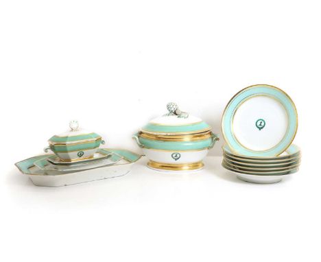 Rihouet, Paris, A 19th century Paris porcelain part dinner service, comprising, a vegetable tureen, 31cm wide, 21cm high, a s