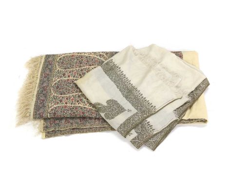 A group of wool shawls,  comprising:  a Kashmir dochalla shawl, 19th century, Indian, the cream wool ground woven with pallas
