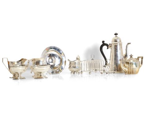 A silver tea service, comprising a coffee pot by Sterling Silverware Ltd, Sheffield 1971, 26cm high, a pair of pedestal dishe