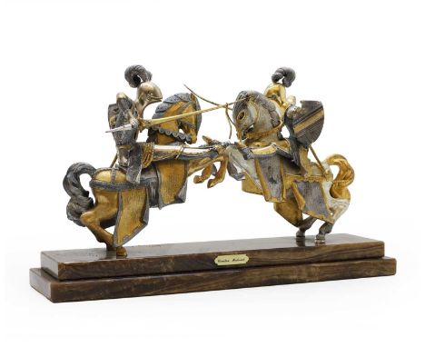 ▲ Piero Benzoni (Italian, 20th century), 'Cavalieu Medievali' a cast bronze, silvered and gilt group, on a stepped onyx plint