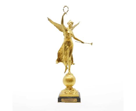 Paul Ducuing (1867-1949), 'Winged Victory', a gilt bronze winged figure, holding a laurel wreath and a trumpet, standing on t