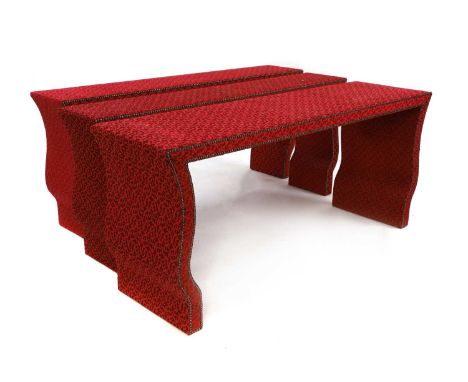 A pair of fabric covered console tables, of recent manufacture, in the Chinese manner, each rectangular top with pointed shou