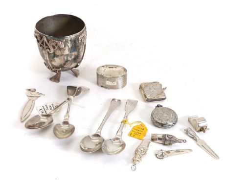 A silver fob watch, together with a collection of silver items to include a golfing vesta, 4.4cm high, animal-shaped bookmark