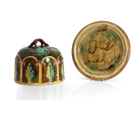 A George Jones majolica stilton dish and cover, with ribbon and leaf pattern,29cm wide,24cm high (2)Condition ReportChip to t