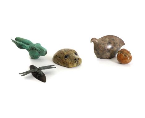 A bronze sculpture of a dragonfly, modern, incised to base 'JDH?08' and '3/25', 13cm wide, together a painted bronze stylisti