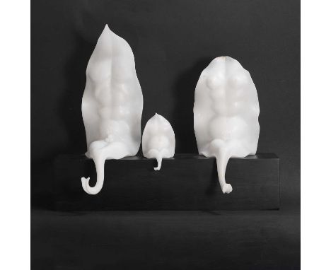 ▲ Paolo Sabatini (Italian, contemporary), 'Famiglia di Foglie' (Family of Leaves), three carved alabaster figures, on a wood 
