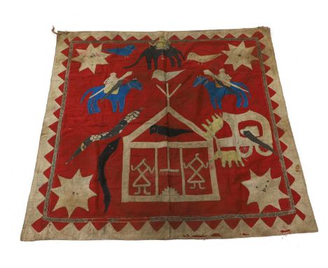 A Kanduri shrine cloth, 20th century, Indian, with appliqué decoration depicting figures, animals and buildings, four suns to