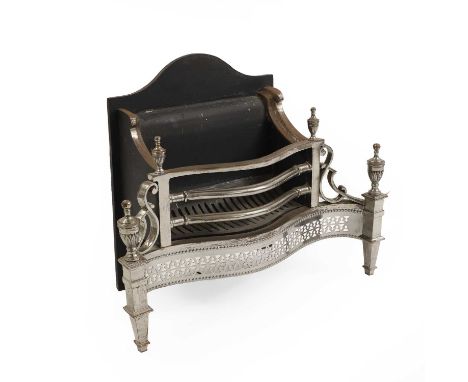 A George III style steel fire basket,  mounted with urn finials, and wavy pierced apron to the base,  78cm wide 39cm deep 61c