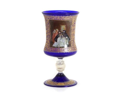 Giancarlo Begotti (Italian, 20th century), a Venetian glass goblet, 20th century, the flared bucket bowl with enamelled with 
