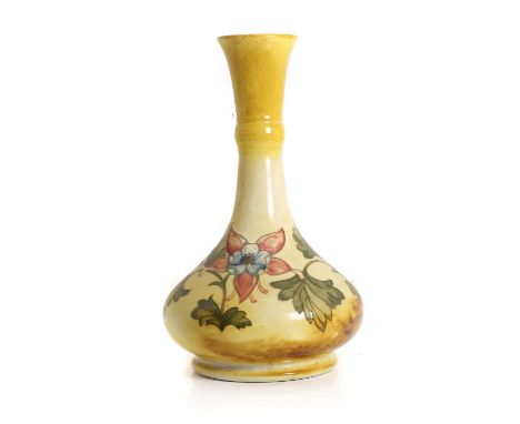 A William Moorcroft pottery vase lamp base, later decorated by Walter Moorcroft, retains paper label, impressed and painted m
