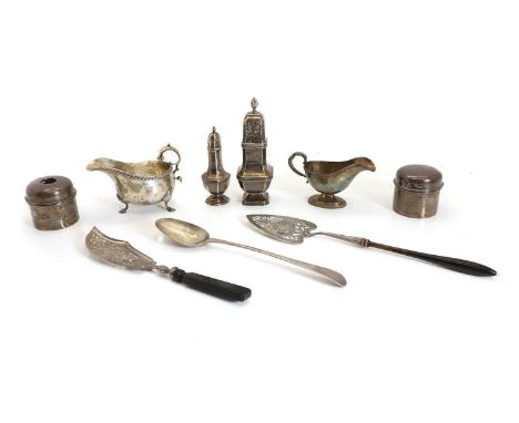 A collection of silver items, 18th, 19th, and 20th century, to include a Georgian serving spoon, 30.5cm long, two casters, 14