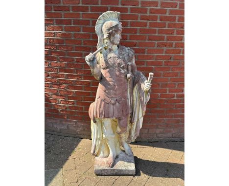 After the Antique, a reconstituted stone figure of a Roman Emperor, 168cm high Condition ReportDamage to the javelin. Chippin