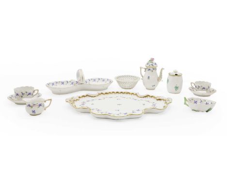 A Herend 'Cornflower Blue Garland' pattern tea ware, together with a Herend preserve pot and dish,15cm height of the teapot10