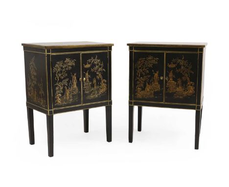 A pair of Chinoiserie decorated bedside cabinets,  20th century, painted with lake and rock garden scenes, the cupboard doors