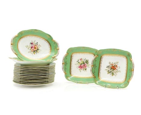 A Coalport porcelain dessert service, 20th century, comprising twelve plates, 22.5cm diameter, a pair of square dishes, 22.8c