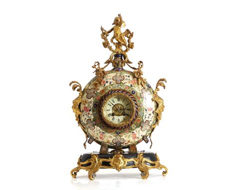 A gilt metal mounted pottery mantel clock, late 19th century, Austrian or Hungarian, in the manner of Zsonlay Pecs or Fischer
