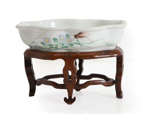 A Chinese qianjiang enamelled planter, 20th century, of lobed form, painted with insects and flowers, inscribed,19.3cm long, 