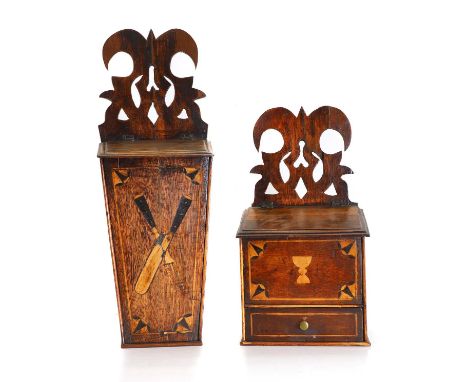 An oak knife box, early 19th century, with a hinged top, the top inlaid with a knife and fork,19cm wide, 11cm deep51.5cm high