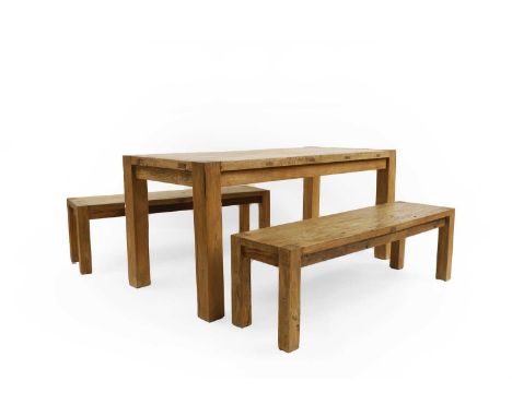 A modern oak kitchen table,  of rectacular form, with two similar kitchen benches,  table 172cm wide 80cm deep 80cm high benc
