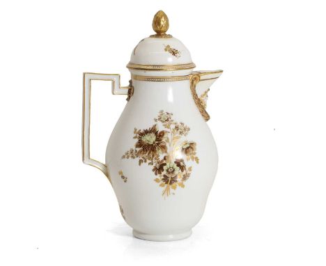 A Meissen Marcolini period coffee pot and cover, early 19th century, painted in sepia and gilt with bunches of flowers, cross