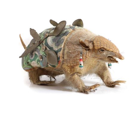A taxidermy armadillo,  dress in a jacket with appliqued spoons and Bolivian pesos,  34cm long 14cm highProvenance: The Clock
