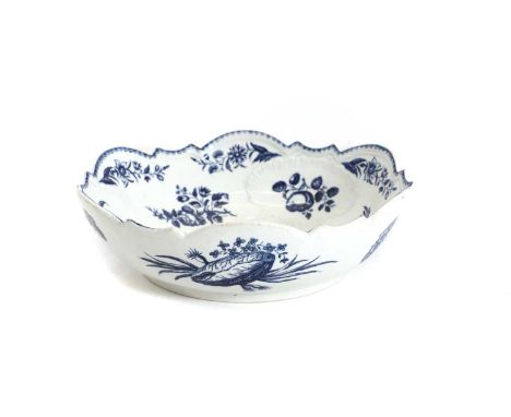 A First Period Worcester porcelain 'Pine cones' junket bowl, c.1775, with molded hexafoil cartouche, the sides printed with f