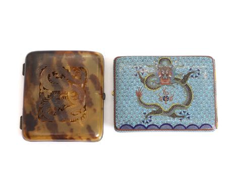 A Chinese cloisonne cigarette case, late 19th century, depicting a black five-clawed dragon on a turquoise cloud ground,10cm 