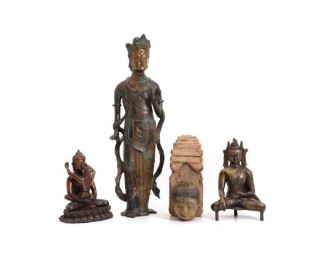 A bronze figure of the standing Bodhisattva,  52.5cm high, together with a bronze sculpture of the Buddha in a seated positio