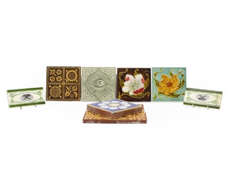 A set of four Minton encaustic tiles,  19th century, together making a roundel, each, 11.5cm square, another two Minton encau