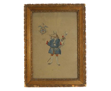 A linen embroidered panel, early 19th century, 'The Trusty Servent', of Winchester College, an anthropomorphic hog dressed in