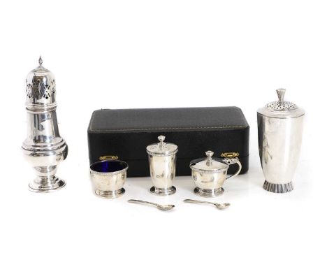 A collection of silver cruets, comprising a cased silver cruet set, by William Suckling, Birmingham 1947, to include a mustar