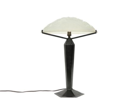 quite big French Müller frêres Lunéville signed Art Deco lamp with its base in wrought iron and its shade in thick frosted cr
