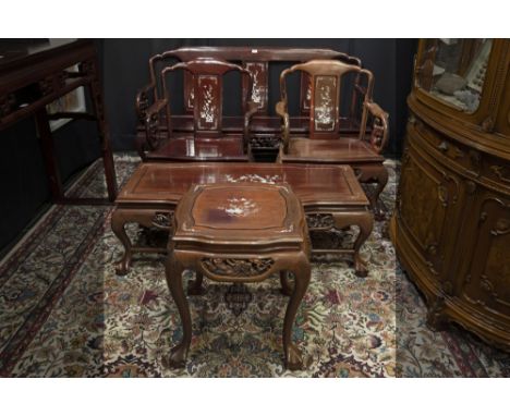 5pc 'Chinese' salon suite in rose-wood with inlay in mother of pearl and with sculpted ornamentation : a coffee and occasiona