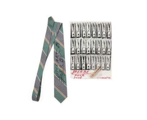 Guy Berbé signed, (19)91 dated and dedicated work with a "Lineart 89 Berbé" signed tie, a clothespin and a print with clothes