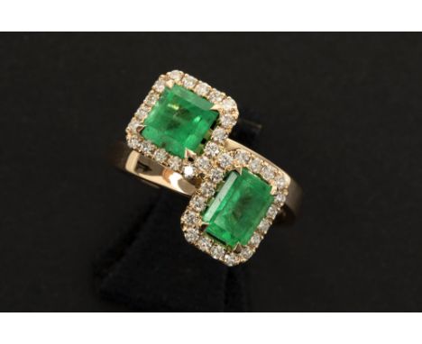 beautiful ring in pink gold (18 carat) with a 1,07 and a 1,08 carat Colombian "intense green" emerald &amp; with ca 0,45 cara