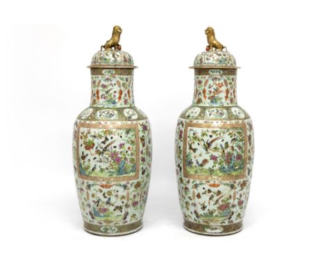 pair of quite big 19th Cent. Chinese lidded vases in porcelain with a Cantonese decor were damaged during the war (WW1) and r