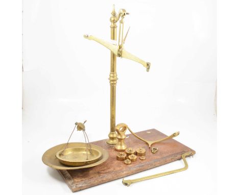 Victorian brass beam balance scale, W &amp; T Avery Limited, Birmingham, with weights, bellows, warming pan.