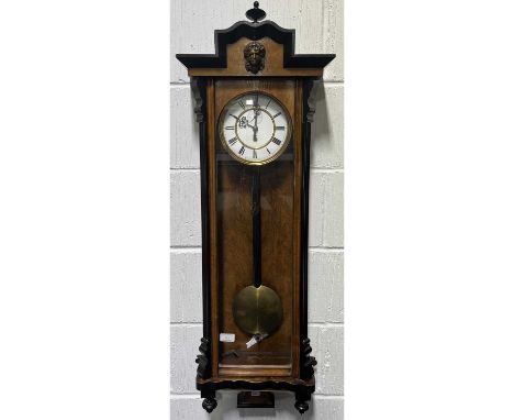 Vienna type wall clock, walnut adn abonised case, enamelled dial, single weight movement, 107cm, modern clock and barometer.Q