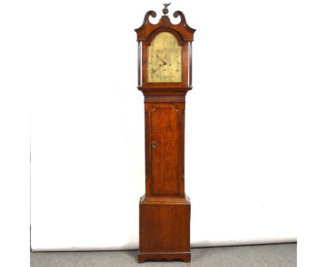 Oak long case clock, swan neck pediment, turned columns, long door flanked by quarter columns, bracket feet, brass dial, sign