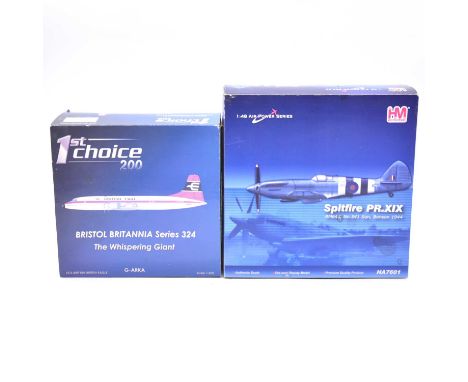 Two aircraft models, Hobbymaster ref HA7601 Spitfire PRXIX, scale 1:48; and a 1st Choice 2000 Bristol Britannia series 324 'T