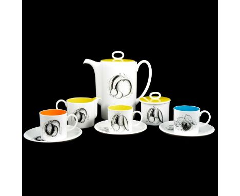 Susie Cooper fine bone china coffee set, Black Fruit pattern, six cups and saucers, coffee pot, sugar bowl, cream jug, and a 