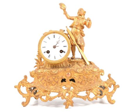 French gilt spelter mantel clock, the clock with figural surmount of an oarsman, enamelled dial, French cylinder movement str