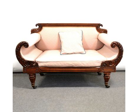 Victorian rosewood framed sofa, carved back with scrolled acanthus arms, turned and fluted legs on casters, trellis pattern u