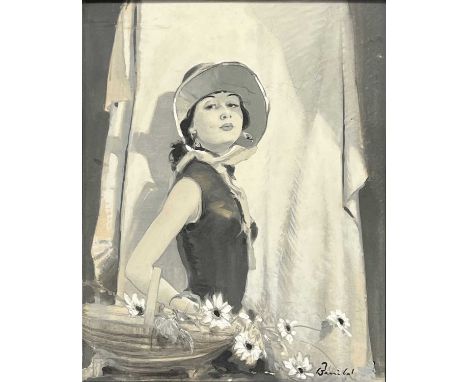 William Henry Barribal,Lady with trug of flowers,watercolour, signed,46x37cm.Condition report:Framed and glazed, overall meas