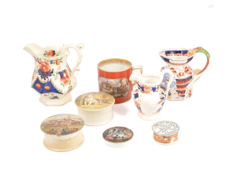 Prattware tankard and pot lids, including 'Low Life' and a Boots Chemist Cold Cream pot and cover, and three Masons jugs.Qty: